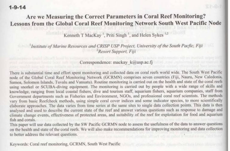 Are we Measuring the Correct Parameters in Coral Reef Monitoring? Lessons from the Global Coral Reef Monitoring Network South West Pacific Node