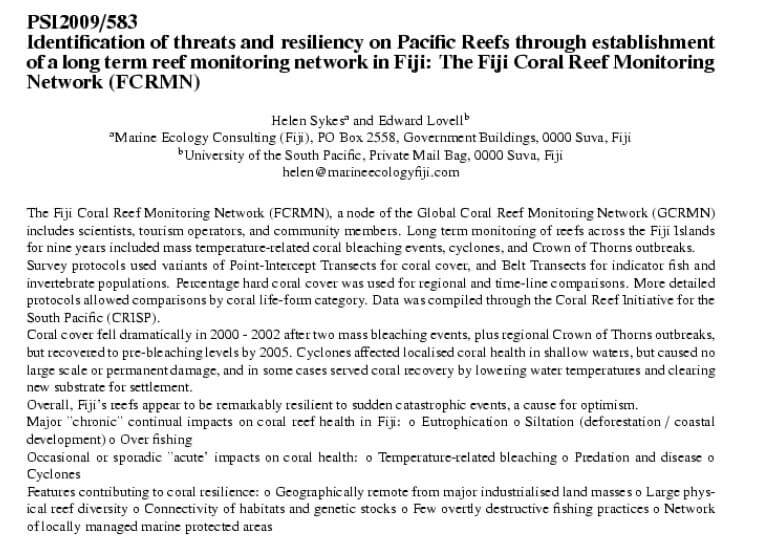 Identification of threats and resiliency on Pacific Reefs through establishment of a long term reef monitoring network in Fiji