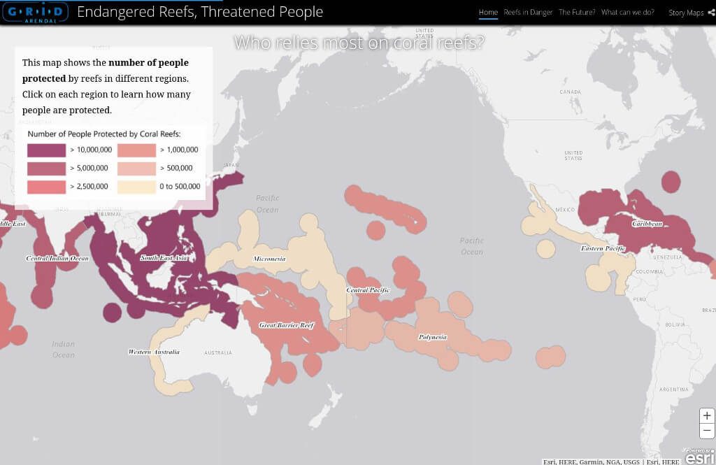 This map shows the number of people protected by reefs in different regions.