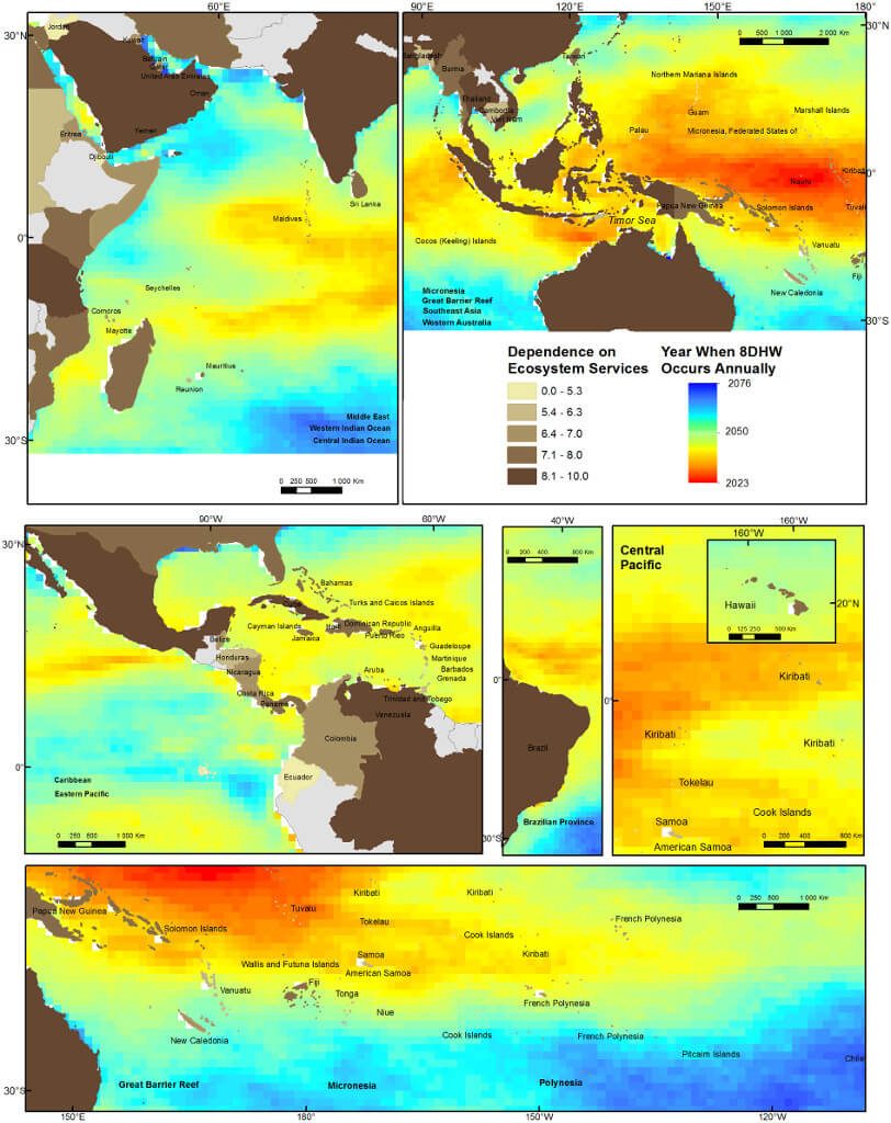 Fig 3. Country-level dependence on coral reef ecosystem services and future risk of coral bleaching. Bleaching risk is indicated by the year when DHW8 is first reached annually, under RCP8.5 scenario [24,25]. Ocean Provinces are indicated in each panel in bold. Earlier years indicate increased bleaching risk