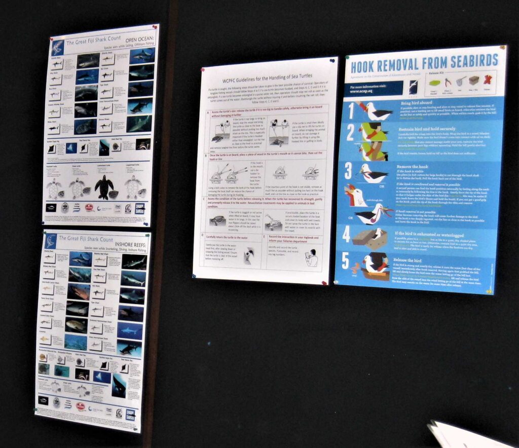 Inshore and offshore species posters from the Great Fiji Shark Count, alongside information on how to release turtles and seabirds caught in fishing gear