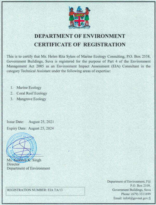 Fiji Ministry of Environment EIA consultant registration - Helen Sykes 2021-2024