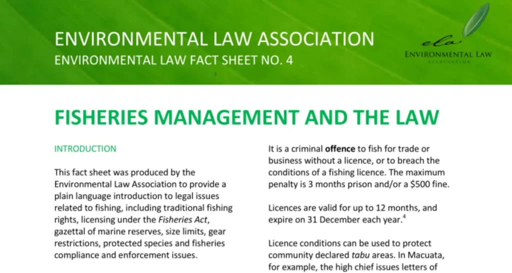 Fisheries Management And The Law   - Environmental Law Association  Environmental Law Fact Sheet No. 4