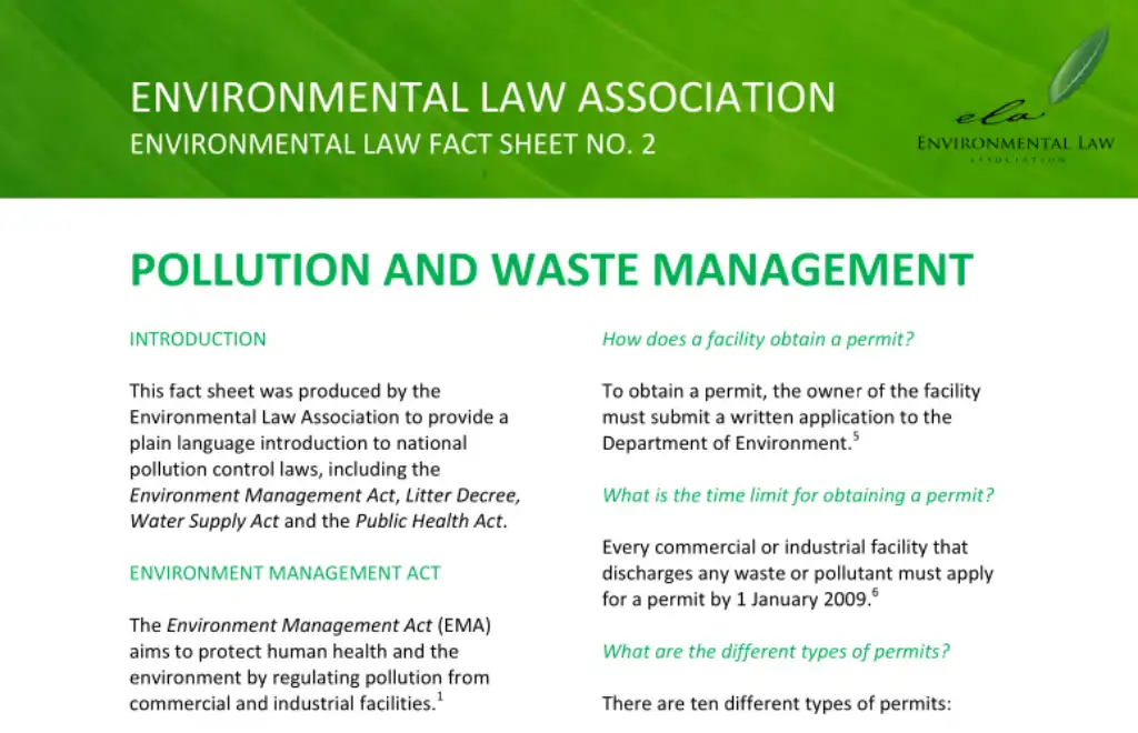 Pollution And Waste Management - Environmental Law Association  Environmental Law Fact Sheet No. 2 