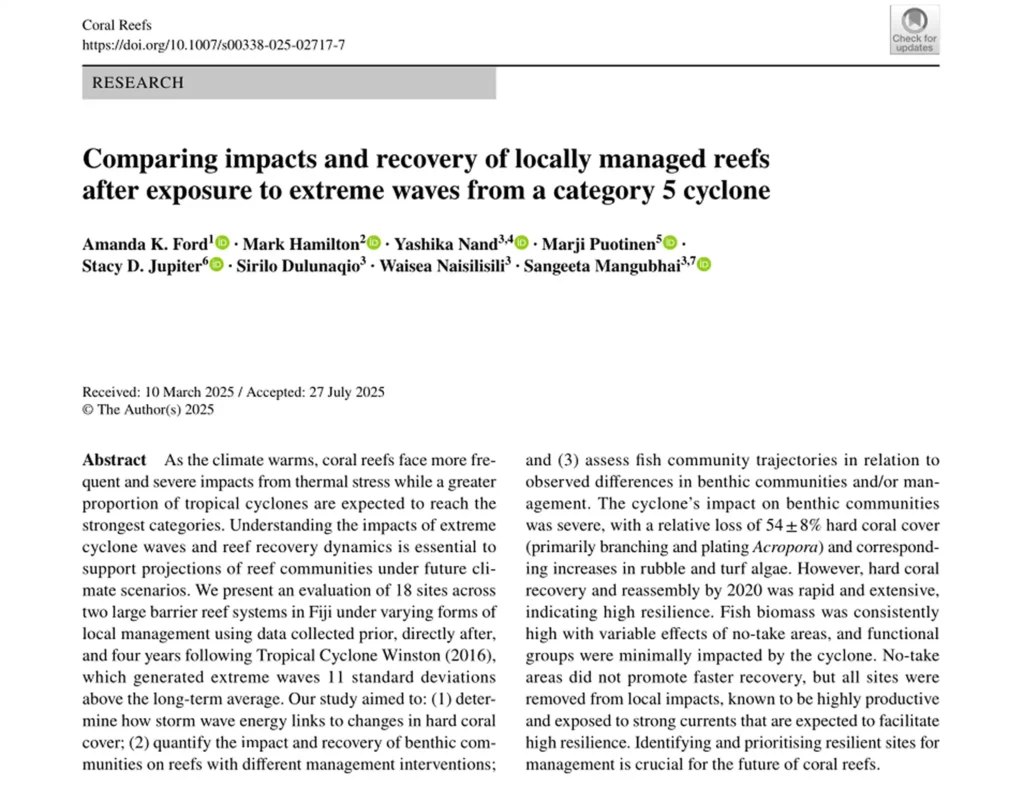 Comparing impacts and recovery of locally managed reefs after exposure to extreme waves from a category 5 cyclone
