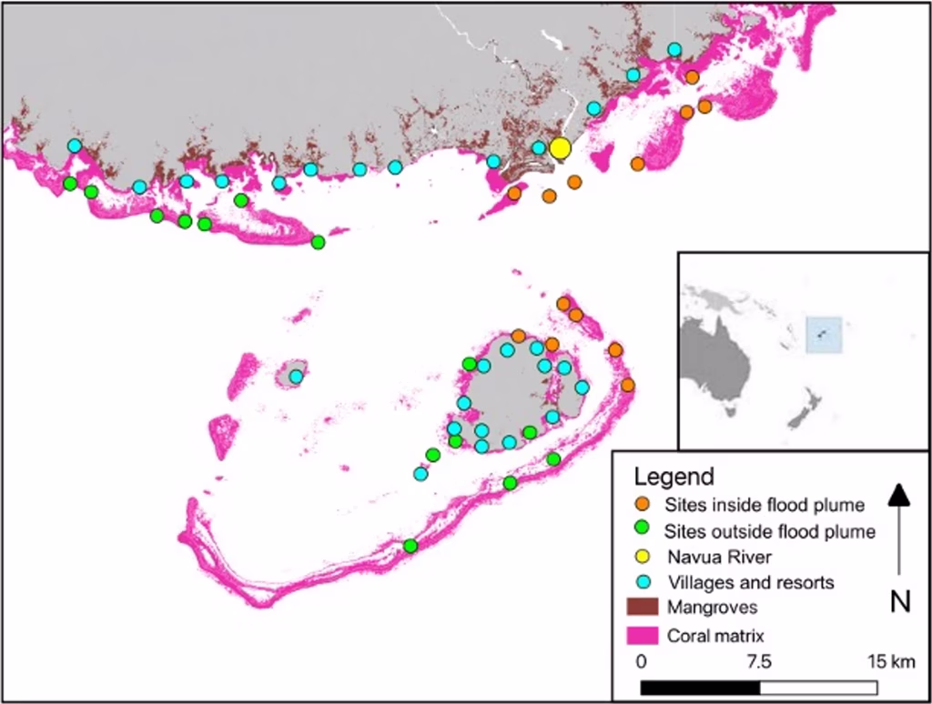 Location of study sites and habitats in Beqa Lagoon, Fiji. At each study site, five replicate remote underwater video stations were deployed to survey fish communities. Villages in the region vary in population size